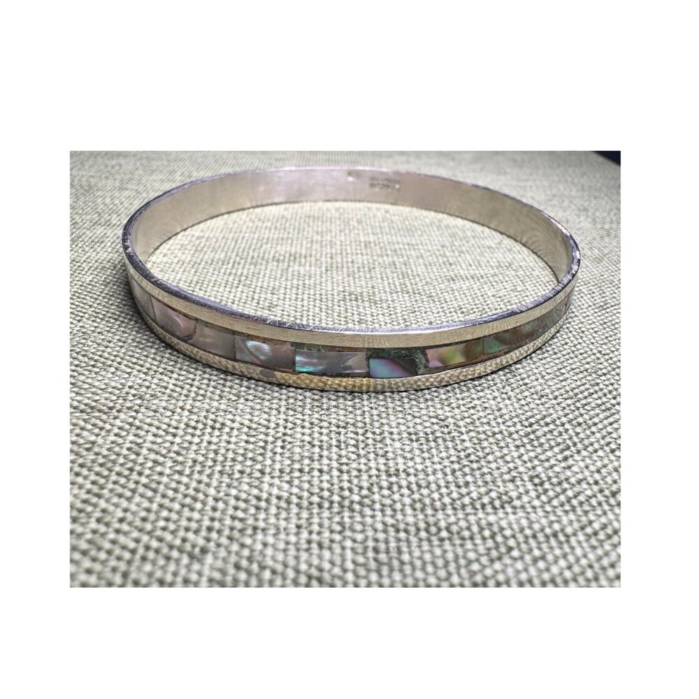 Abalone Shell Inlay Sterling Silver Round Bangle Bracelet Mexico Vintage - Picture 7 of 9